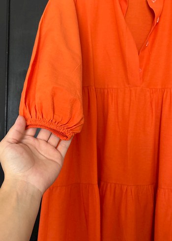 Turuncu Uzun Kollu poplin Elbise - Görsel 3