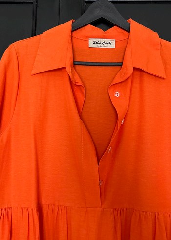 Turuncu Uzun Kollu poplin Elbise - Görsel 2