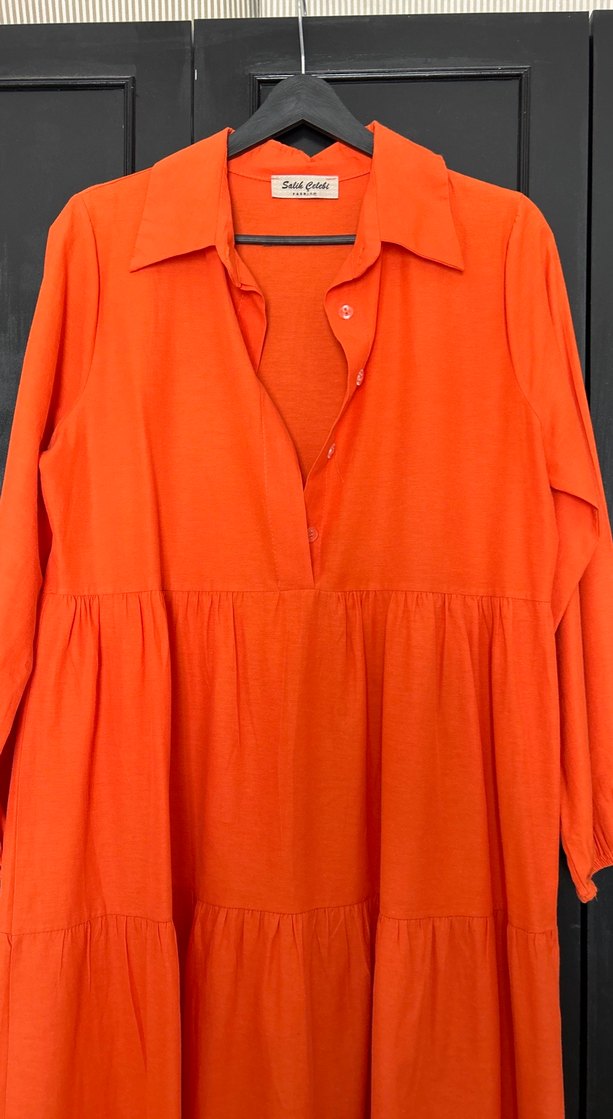 Turuncu Uzun Kollu poplin Elbise - Görsel 4