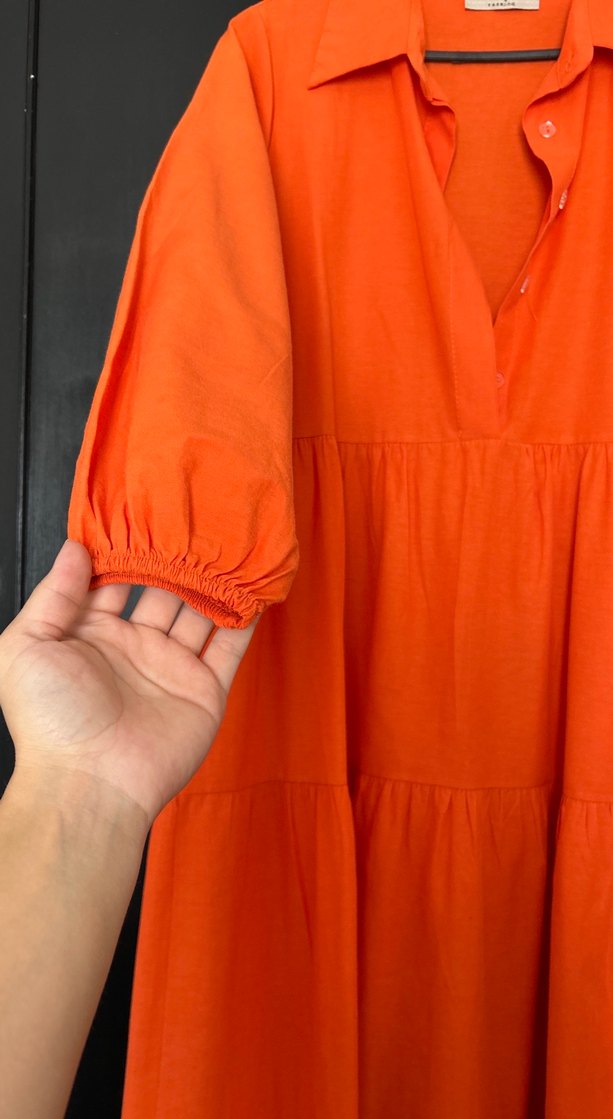 Turuncu Uzun Kollu poplin Elbise - Görsel 3