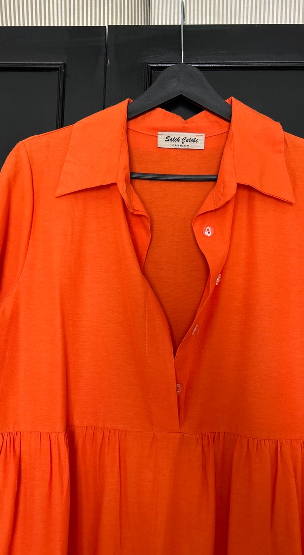Turuncu Uzun Kollu poplin Elbise - Görsel 2