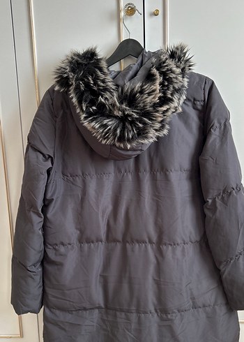 Gri Uzun Kadın Kışlık Mont Kürklü Kapüşonlu - Görsel 3