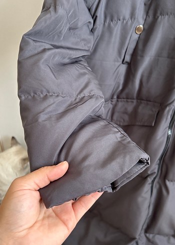 Gri Uzun Kadın Kışlık Mont Kürklü Kapüşonlu - Görsel 5