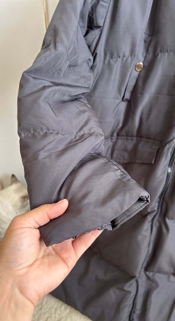 Gri Uzun Kadın Kışlık Mont Kürklü Kapüşonlu - Görsel 5