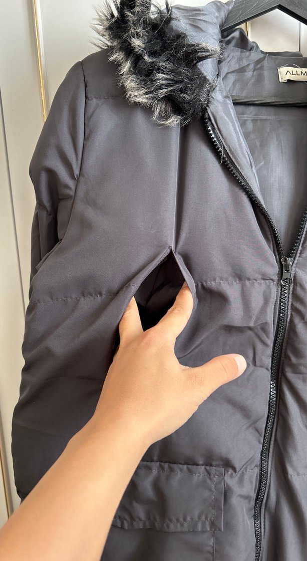 Gri Uzun Kadın Kışlık Mont Kürklü Kapüşonlu - Görsel 4