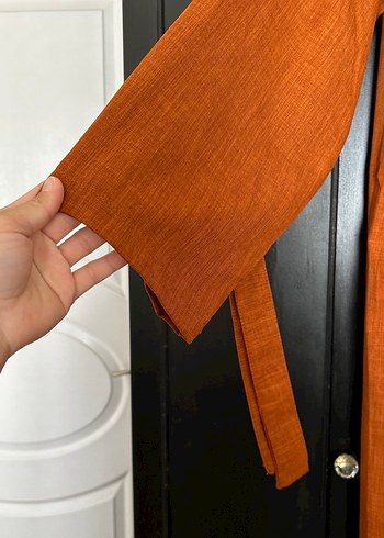 Kadın Kahverengi Uzun Keten Trençkot - Görsel 3