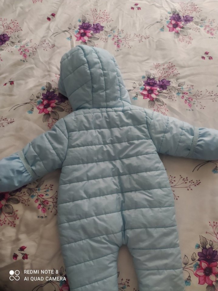 Mavi Peluş Kapüşonlu Bebek Tulumu - Görsel 5