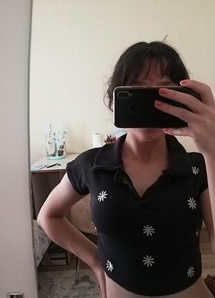 xs Beden siyah Renk Polo yaka crop papatyalo