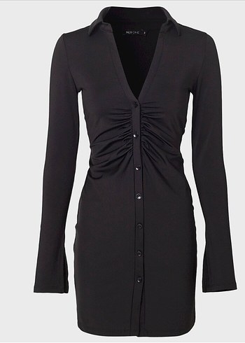 Düğmeli Siyah V Yaka Midi Elbise - Görsel 2