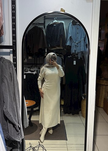 Beyaz Uzun Kollu Pamuk Tunik Elbise - Görsel 2