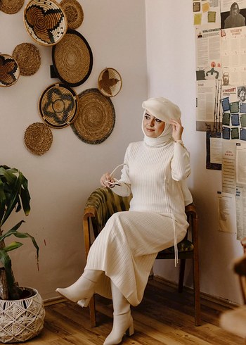 Beyaz Uzun Kollu Pamuk Tunik Elbise - Görsel 3