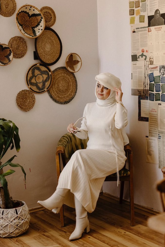 Beyaz Uzun Kollu Pamuk Tunik Elbise - Görsel 3