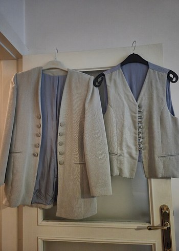 Vintage Açık Gri Keten Düğmeli Kadın Yelek Ceket Takım - Görsel 3
