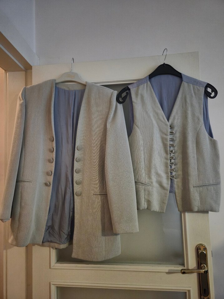 Vintage Açık Gri Keten Düğmeli Kadın Yelek Ceket Takım - Görsel 3