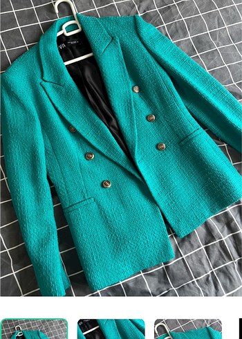 Zara Turkuaz Dokulu Cift Sirali Blazer Ceket