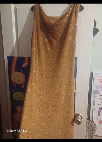 Bej Parlak Askılı Uzun Elbise - Görsel 5