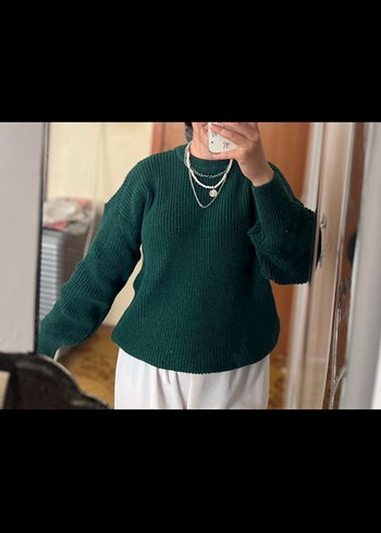 2K Kadın Oversize Koyu Yeşil Triko Kazak