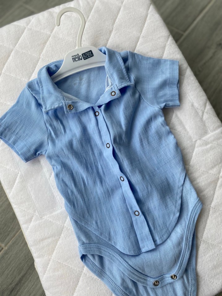 Mavi Kısa Kollu Keten Bebek Body - Görsel 2