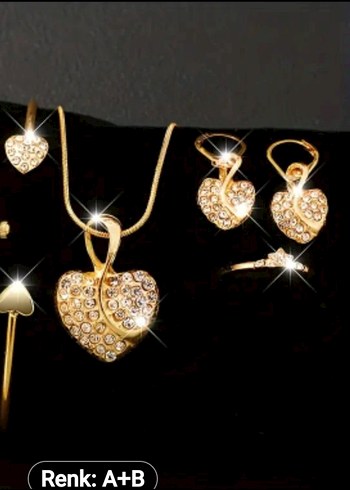 5 Parça Altın Renkli Taşlı Kalp Takı Seti - Görsel 6
