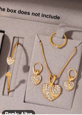 5 Parça Altın Renkli Taşlı Kalp Takı Seti - Görsel 2