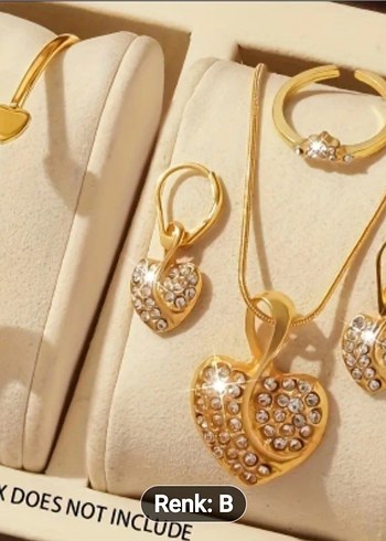 5 Parça Altın Renkli Taşlı Kalp Takı Seti - Görsel 5