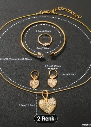 5 Parça Altın Renkli Taşlı Kalp Takı Seti - Görsel 3