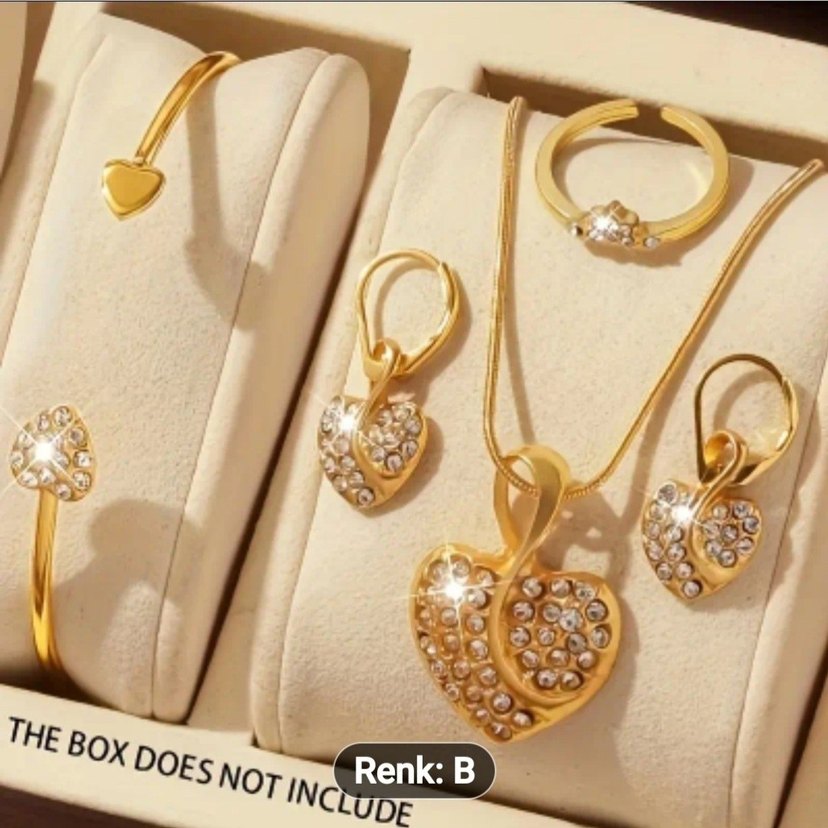 5 Parça Altın Renkli Taşlı Kalp Takı Seti - Görsel 5