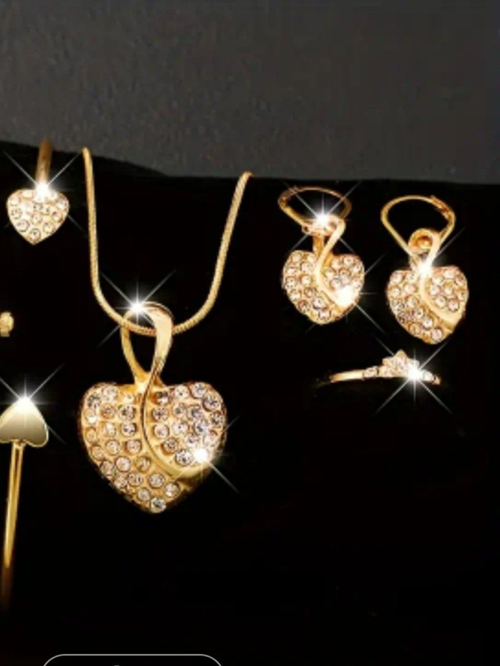 5 Parça Altın Renkli Taşlı Kalp Takı Seti - Görsel 4