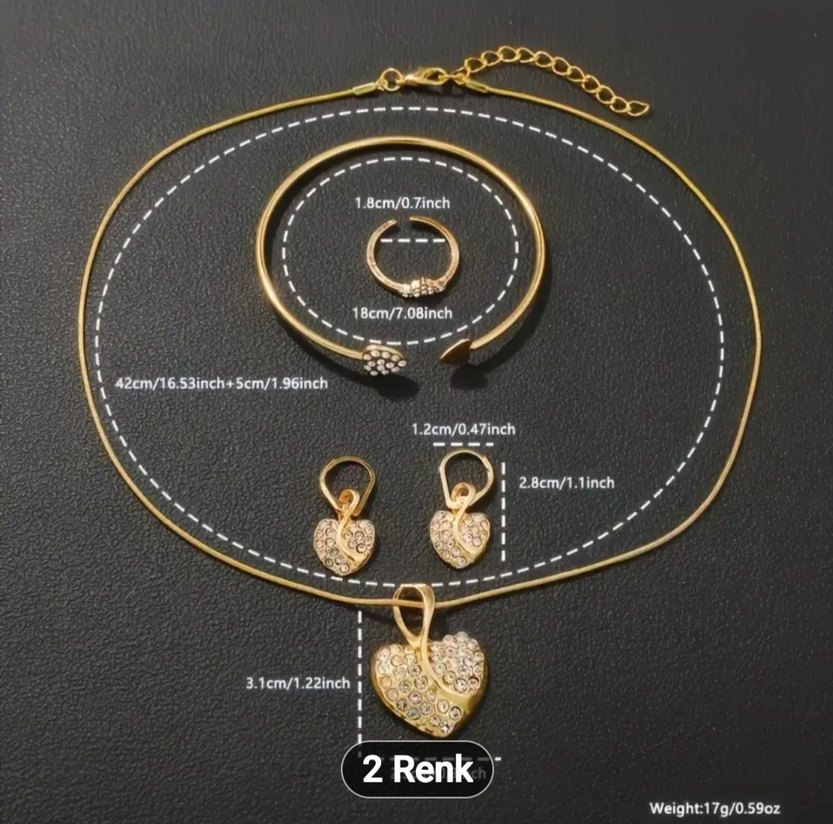 5 Parça Altın Renkli Taşlı Kalp Takı Seti - Görsel 3