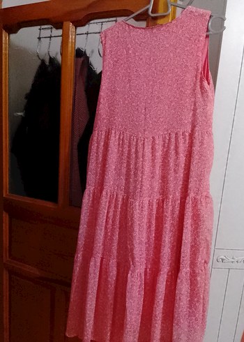 Pembe V Yaka Kolsuz Fırfırlı Midi Elbise - Görsel 2