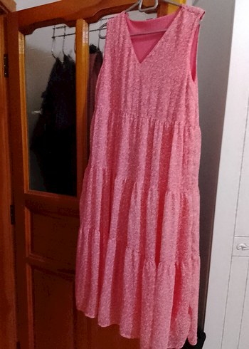 Pembe V Yaka Kolsuz Fırfırlı Midi Elbise - Görsel 4