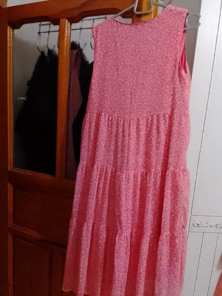 Pembe V Yaka Kolsuz Fırfırlı Midi Elbise - Görsel 2