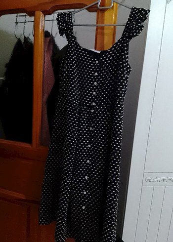 Siyah Puantiyeli V Yaka Düğmeli Uzun Elbise - Görsel 6