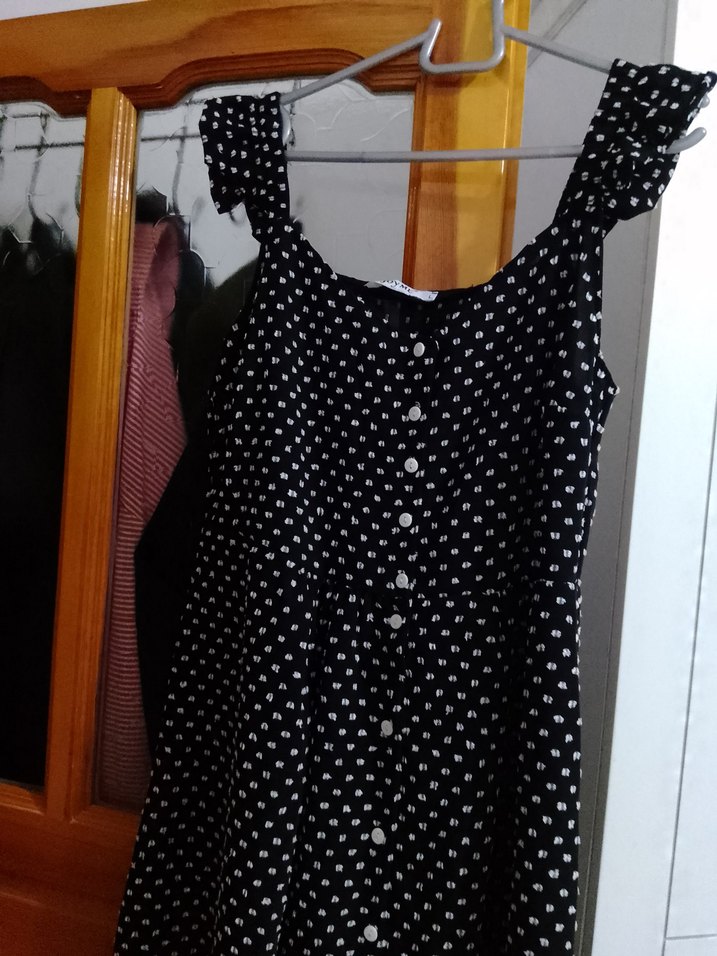 Siyah Puantiyeli V Yaka Düğmeli Uzun Elbise - Görsel 5