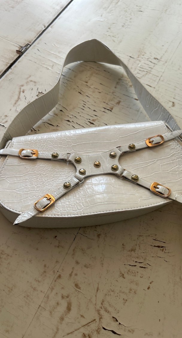 Kemerli Beyaz Yılan Derisi Desenli Kadın Çanta - Görsel 5
