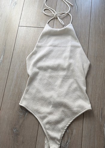 Kadın Beyaz Örgü Keten Halter Yaka body - Görsel 2