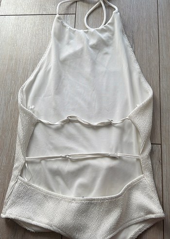 Kadın Beyaz Örgü Keten Halter Yaka body - Görsel 3