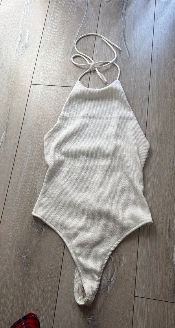 Kadın Beyaz Örgü Keten Halter Yaka body - Görsel 2