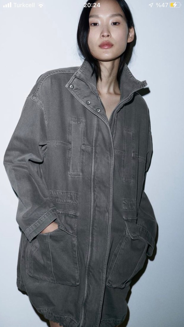 Zara Gri Kadın Pamuk Kot Ceket - Görsel 2