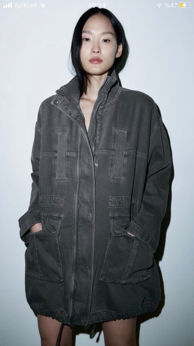 Zara Gri Kadın Pamuk Kot Ceket - Görsel 3