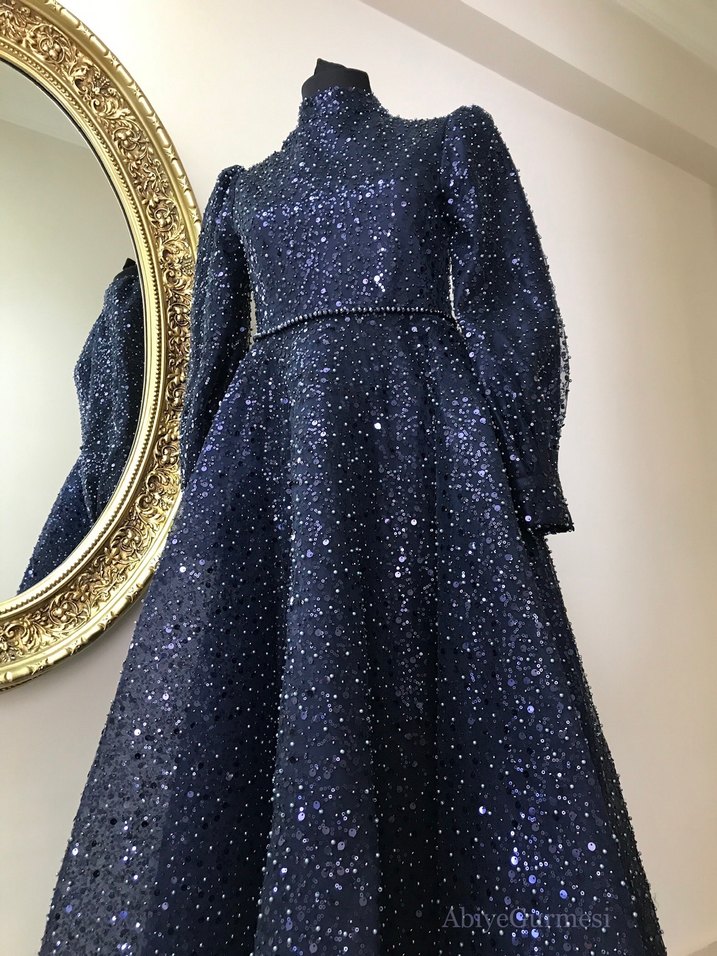 Full Taşlı Lacivert Tesettür Abiye Elbise Eva Dress - Görsel 3