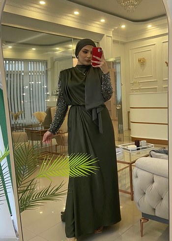 Haki Kenzel Kolları Taşlı Abiye - Görsel 2