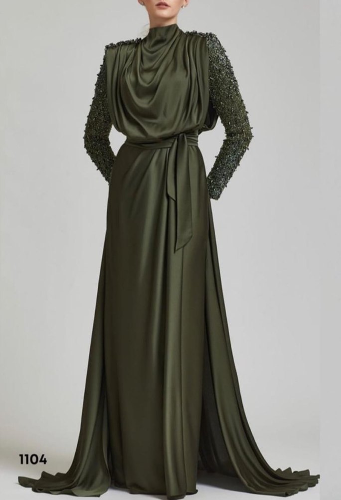 Haki Kenzel Kolları Taşlı Abiye - Görsel 3