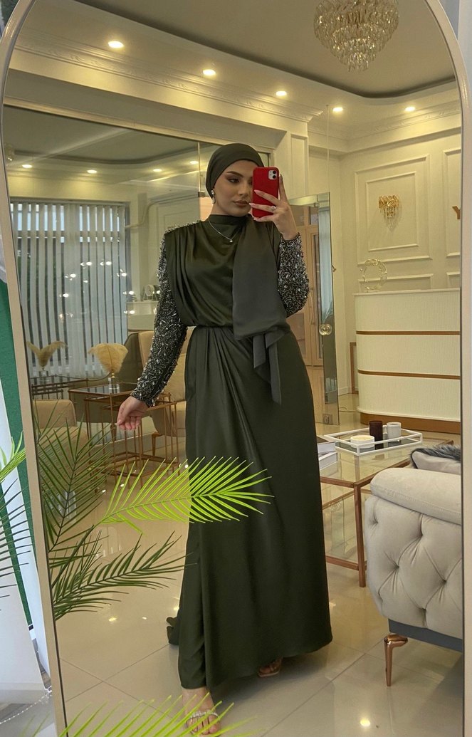 Haki Kenzel Kolları Taşlı Abiye - Görsel 2