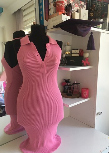 Trendyol & Milla Canli Pembe Fitilli Triko Elbise