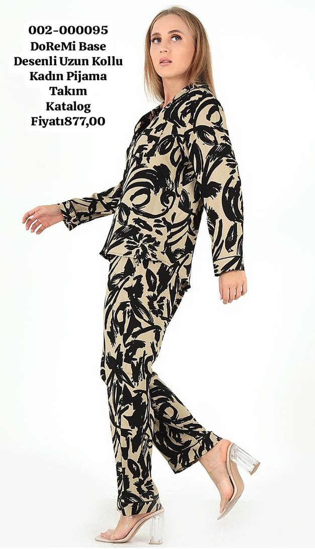 Mavi Desenli Uzun Kollu Kadın Pijama Takımı - Görsel 4