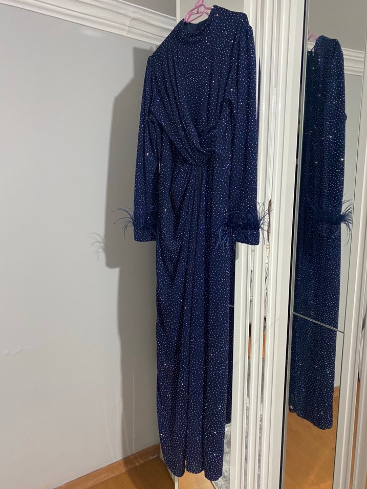 Parlak Mavi Drapeli Uzun Kollu Abiye Elbise - Görsel 4