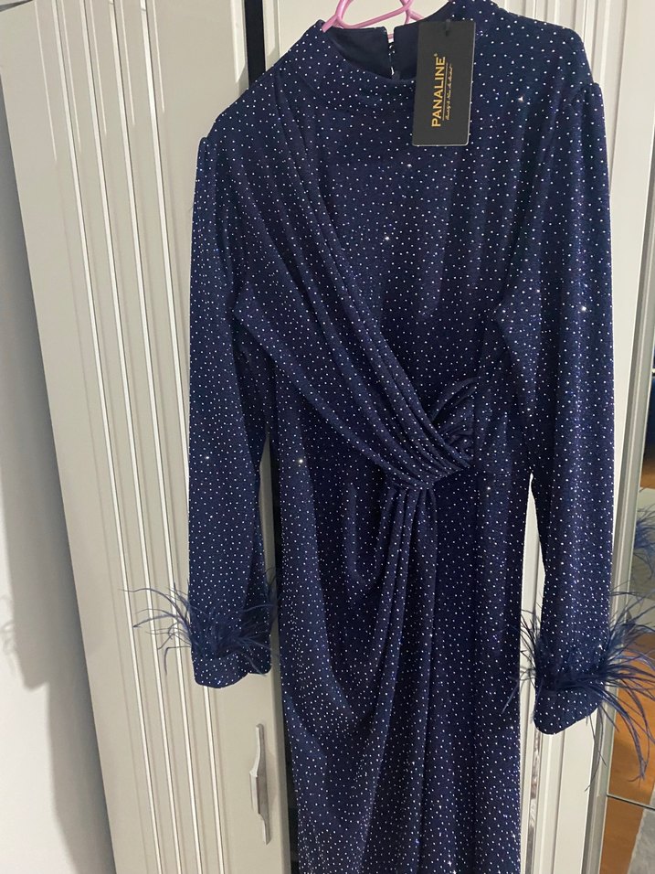 Parlak Mavi Drapeli Uzun Kollu Abiye Elbise - Görsel 3