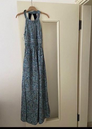 Dantel Detaylı Turkuaz Bohem Uzun Elbise - Görsel 2