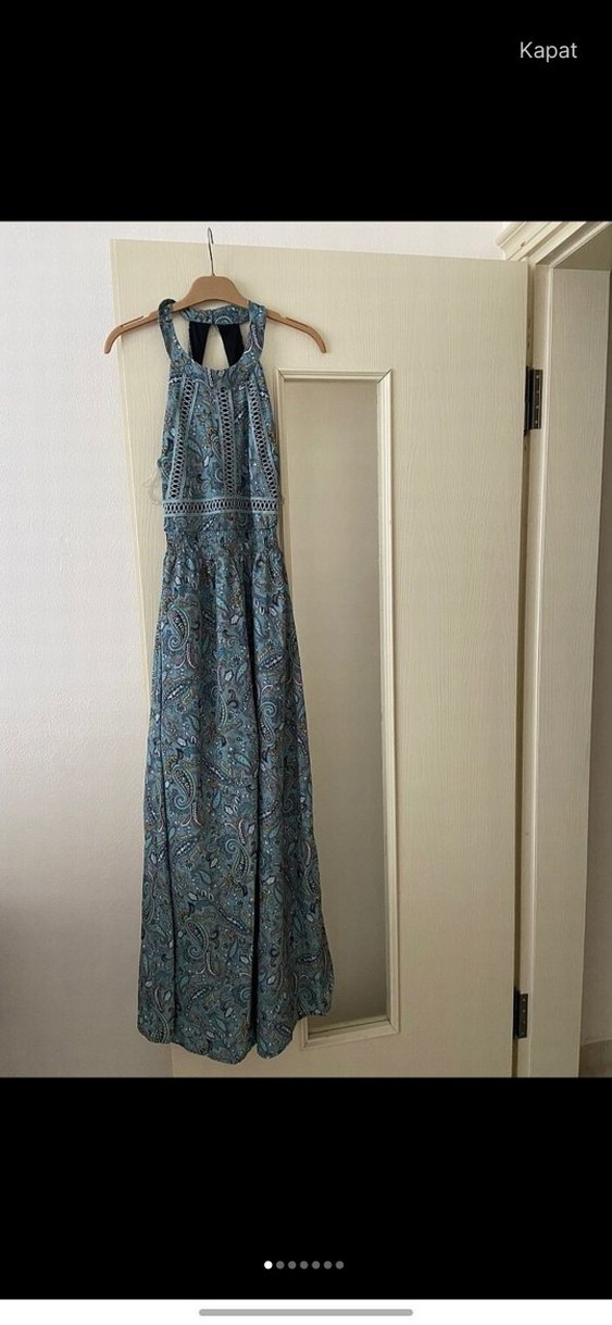 Dantel Detaylı Turkuaz Bohem Uzun Elbise - Görsel 2